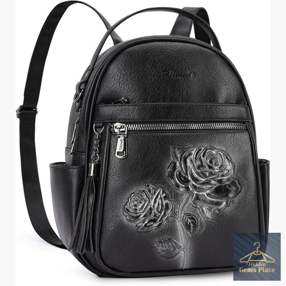 Mini Vegan Leather Backpack Purse with Floral Design, Water Resistant, 8 Pockets main image 5